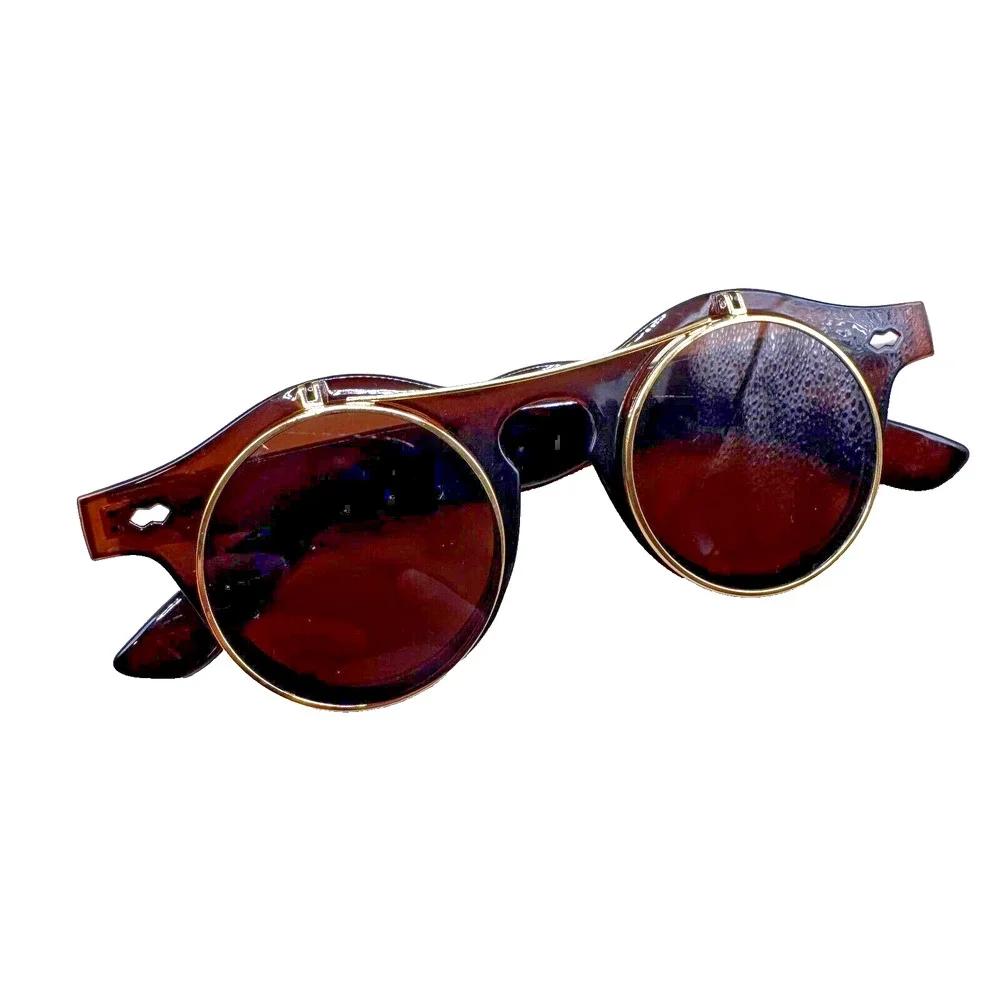 Music Festival Fashion Sunglasses Round Lenses Flip-Up Unisex - Brown